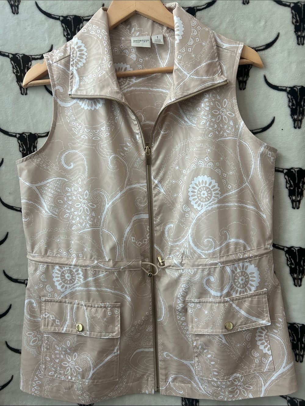 Zenergy by Chico’s Size 1 (M, 8/10) Paisley Zip Utility Vest Beige White